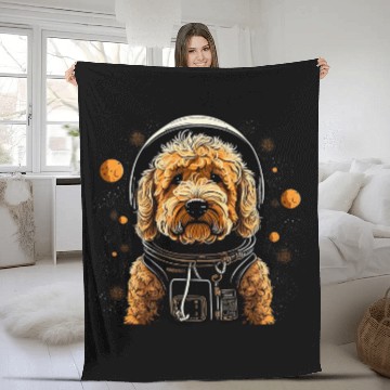 Discover Outer Space Golden Doodle on Galaxy Astronaut Goldendoodle Fleece Blankets