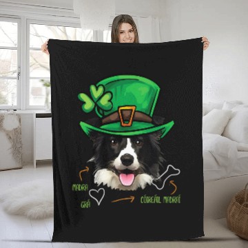 Discover Funny St Patricks Day Border Collie Dog Gaelic Baseball Tees Fleece Blankets