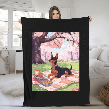 Discover Miniature Pinscher Cherry Blossom Funny Dog Picnic Fleece Blankets