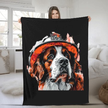 Discover Saint Bernard Firefighter Hat Fireman Dog Fleece Blankets