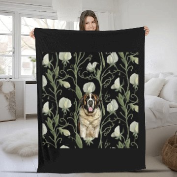 Discover Saint Bernard White Sweet Pea Flower Pattern Fleece Blankets