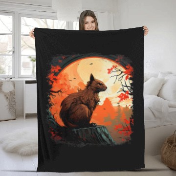 Discover Squirrel chipmunk on tree trunk Black orange moon animal art Fleece Blankets
