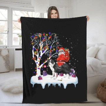 Discover Santa Riding Border Collie Dog Tree Lights Border Collie Fun Baseball Tees Fleece Blankets