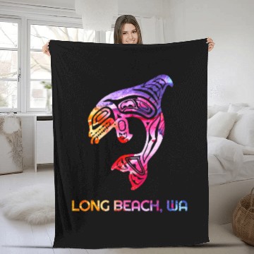 Discover Tribal Long Beach WA Orca Killer Whale Native American Fleece Blankets