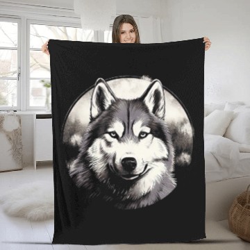 Discover Siberian Husky Full Moon Dog Lovers Fleece Blankets