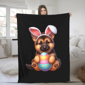 Discover German Shepherd Puppy Easter Bunny Colorful Easter Egg Dog Fleece Blankets
