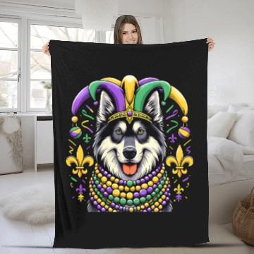 Discover Mardi Gras Norwegian Elkhound Dog Jester Fleece Blankets