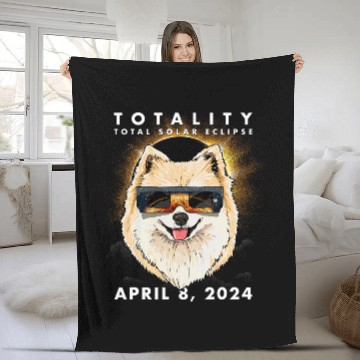 Discover Solar Eclipse 2024 Pomeranian Dog Wearing Glasses Fleece Blankets