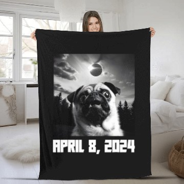 Discover Pug Taking Selfie Totality 04 08 24 Total Solar Eclipse 2024 Fleece Blankets