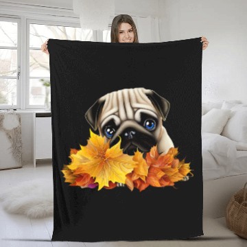 Discover Pug in Autumn Leaves Fleece Blankets