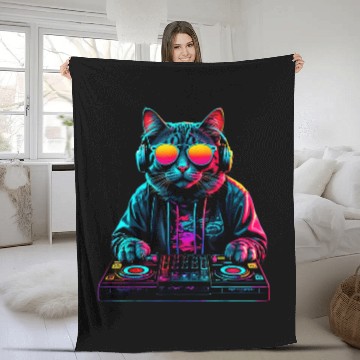 Discover Cat DJ Techno Turntable EDM Cat Electronic Dance Music Fleece Blankets