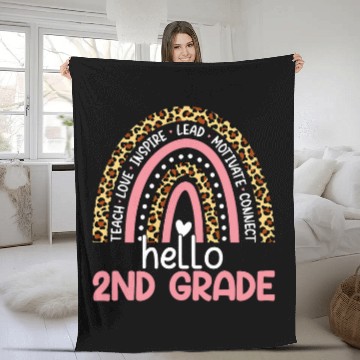 Discover Hello 2nd Grade Team Second Grade Leopard Rainbow Teacher Baseball Tees Fleece Blankets