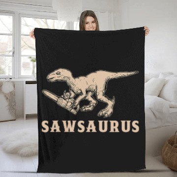 Discover Sawsaurus Woodworker Dinosaur Fun Lumberjack Chainsaw Logger Fleece Blankets