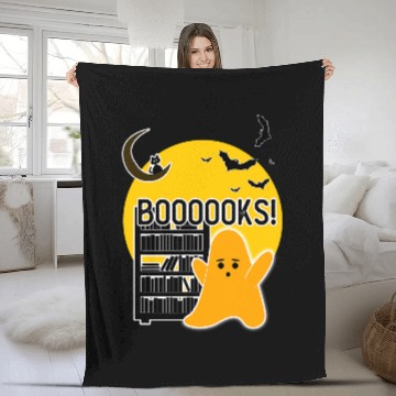 Discover Booooks Cute Boo ghosts Book Reader Halloween Cat and Bat Fleece Blankets