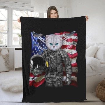 Discover Fluffy White Cat Fighter Jet Pilot with Flag of USA Baseball Tees Fleece Blankets