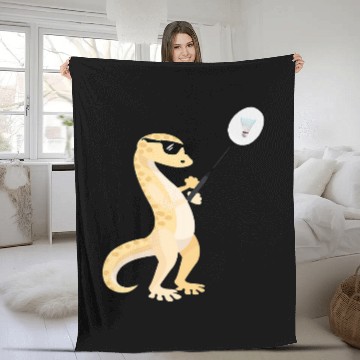 Discover Funny Gecko Wearing Sunglasses Playing Badminton Lizard Fleece Blankets