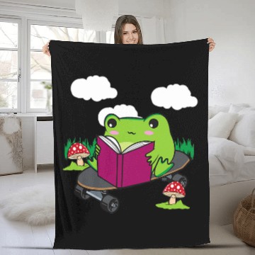 Discover Cottagecore Aesthetic Cute Skateboarding Frog Reading Book 2 Fleece Blankets