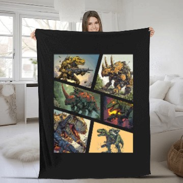 Discover Cool Robot Dinosaur Comic Book Page Graphic Fleece Blankets