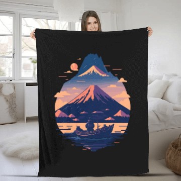 Discover Sunset River Voyage Serene Boat and Mount Fuji Scenery Fleece Blankets
