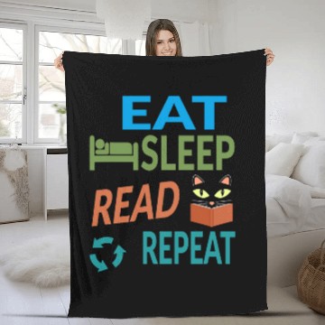 Discover Cute Kitty Cat Face Eat Sleep Read Repeat Fleece Blankets