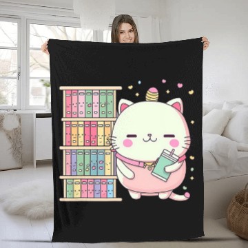 Discover Cute Kawaii Book and Cat Lover Librarian Reading Fleece Blankets