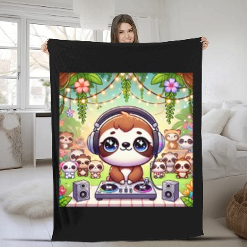 Discover Adorable Chibi Kawaii DJ Sloth in Tropical Party Fleece Blankets
