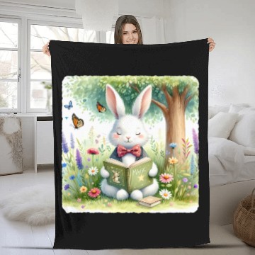 Discover Rabbit In Bow Tie Reads Spell Book In Meadow Reading Fleece Blankets