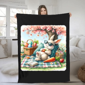 Discover Easter Rabbit With Sunglasses Enjoying Picnic Under Tree Fleece Blankets
