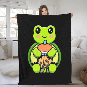Discover Bubble Milk Tea Turtle Cute Turtle Drinking Boba Milk Tea 1 Fleece Blankets