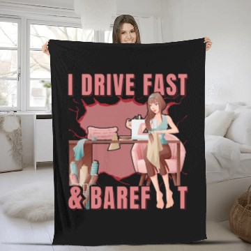 Discover Speedy Sewer Fun Quote Barefoot Sewing Enthusiast Fleece Blankets