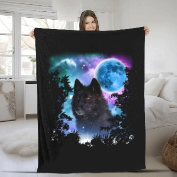 Discover Black Wolf MidNight Forest Fleece Blankets