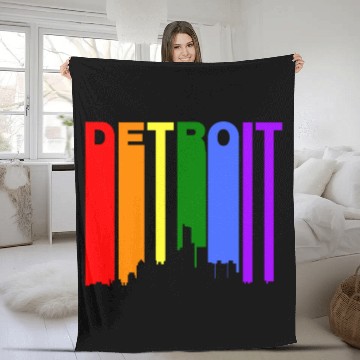 Discover Detroit Michigan Gay Pride Rainbow Skyline Fleece Blankets