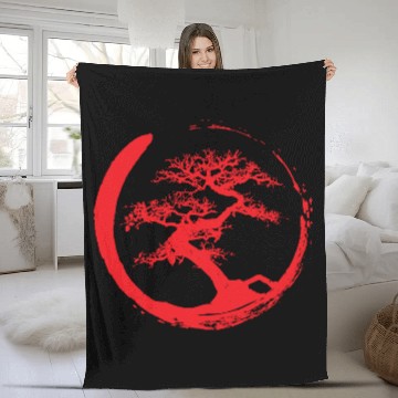 Discover Zen Bonsai Tree in Enso Circle (red) Fleece Blankets