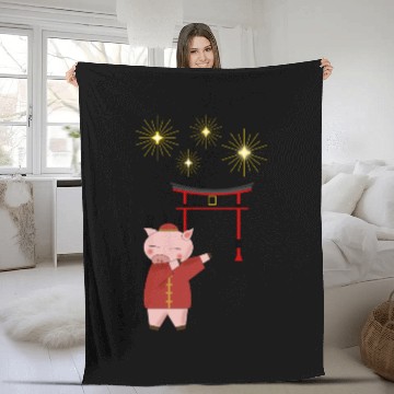 Discover Chinese Pig with fireworks and traditional archway Fleece Blankets