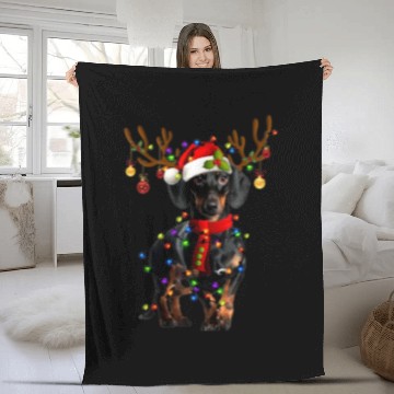 Discover Funny Dachshund Christmas Reindeer Christmas Light Fleece Blankets
