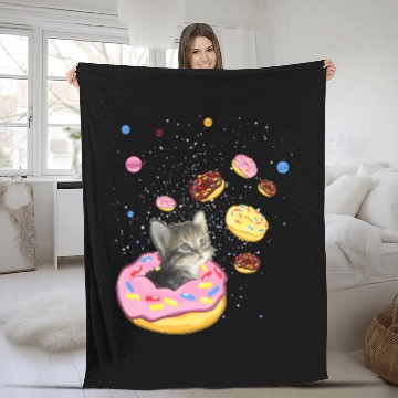 Discover Cute Cat inside Donut in Space Fleece Blankets