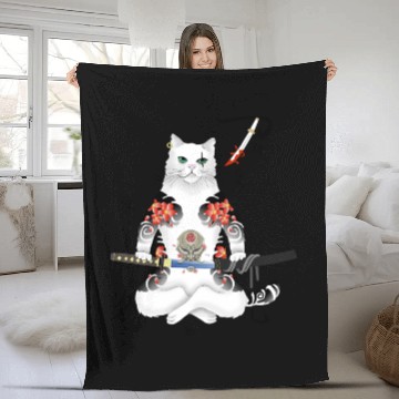 Discover Japanese Samurai Cat Katana Ninja Yakuza Tattoo Fleece Blankets