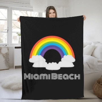 Discover Miami Beach Rainbow Vintage Retro LGBT Gay Pride Fleece Blankets