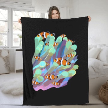 Discover Colorful Coral Reef Anemone With Clown-fish Fleece Blankets