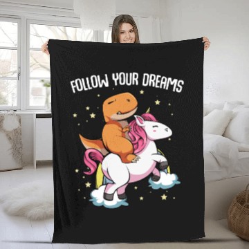 Discover Follow Your Dreams Funny T-Rex Dino Rainbow Unicor Fleece Blankets
