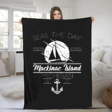 Discover Mackinac Island MI Vintage Nautical SailBoat Fleece Blankets