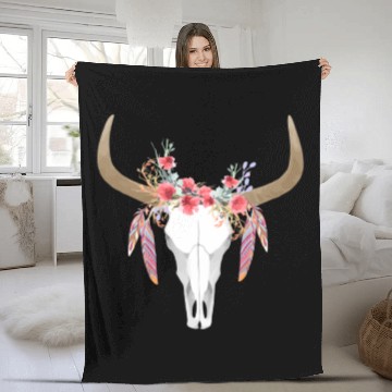 Discover Floral Cow Skull With Feathers Bull Skull Fleece Blankets