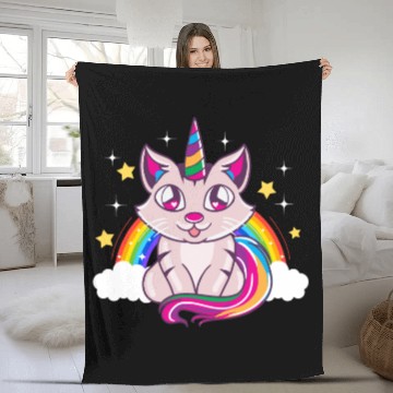 Discover Cute & Funny Unicorn Cat Rainbow Kitty Magical Fleece Blankets