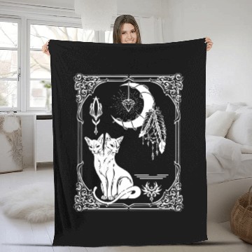 Discover Tarot Card Crescent Moon And Cat Graphic Fleece Blankets