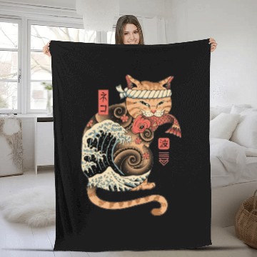 Discover Funny Japanese Catana Wave Eating Koi Fish Fleece Blankets