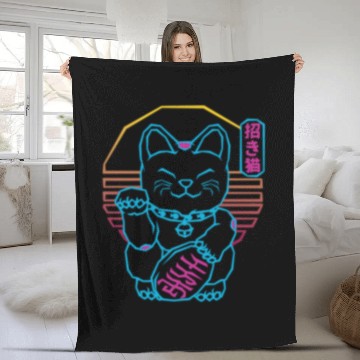 Discover Maneki Neko Japanese Lucky Cat Retrowave 80s Fleece Blankets