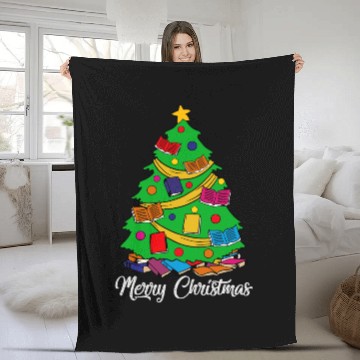 Discover Merry Christmas Tree Love Reading Books Librarian Fleece Blankets