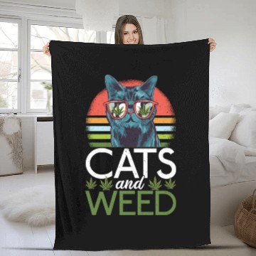 Discover Cats And Weed Funny 420 Cannabis Cat Lover Fleece Blankets