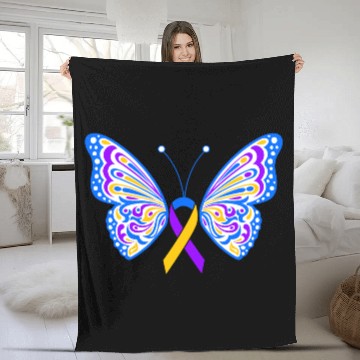 Discover Bladder Cancer Purple Yellow Blue Ribbon Butterfly Fleece Blankets