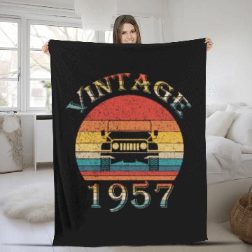 Discover Vintage Jeeps Birthday 1957 Retro Sunset Dad Mom Fleece Blankets